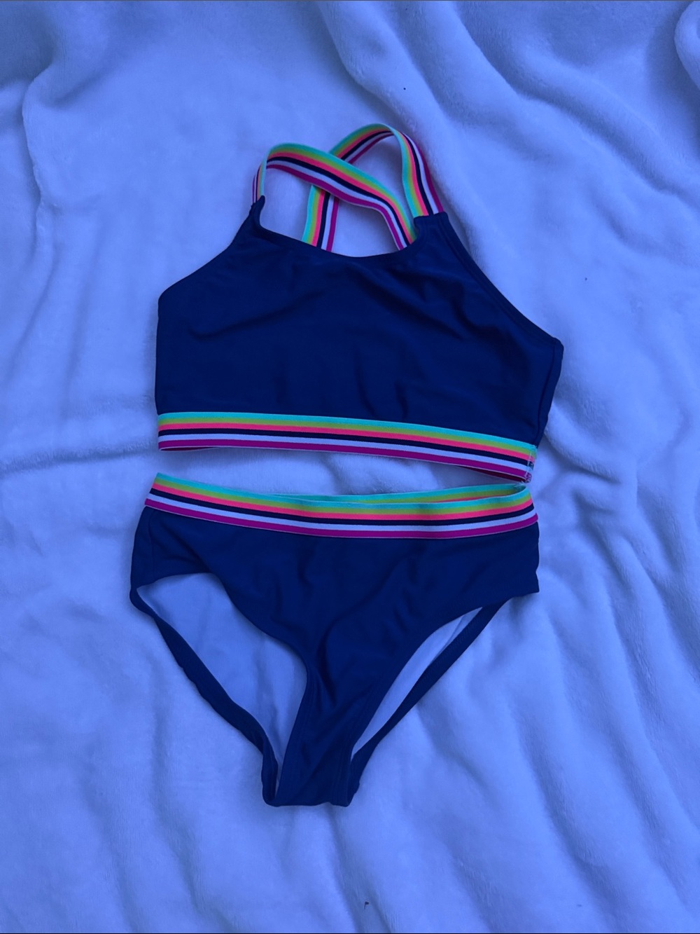 Kids Navy Two-Piece Swim Set with Rainbow Stripe